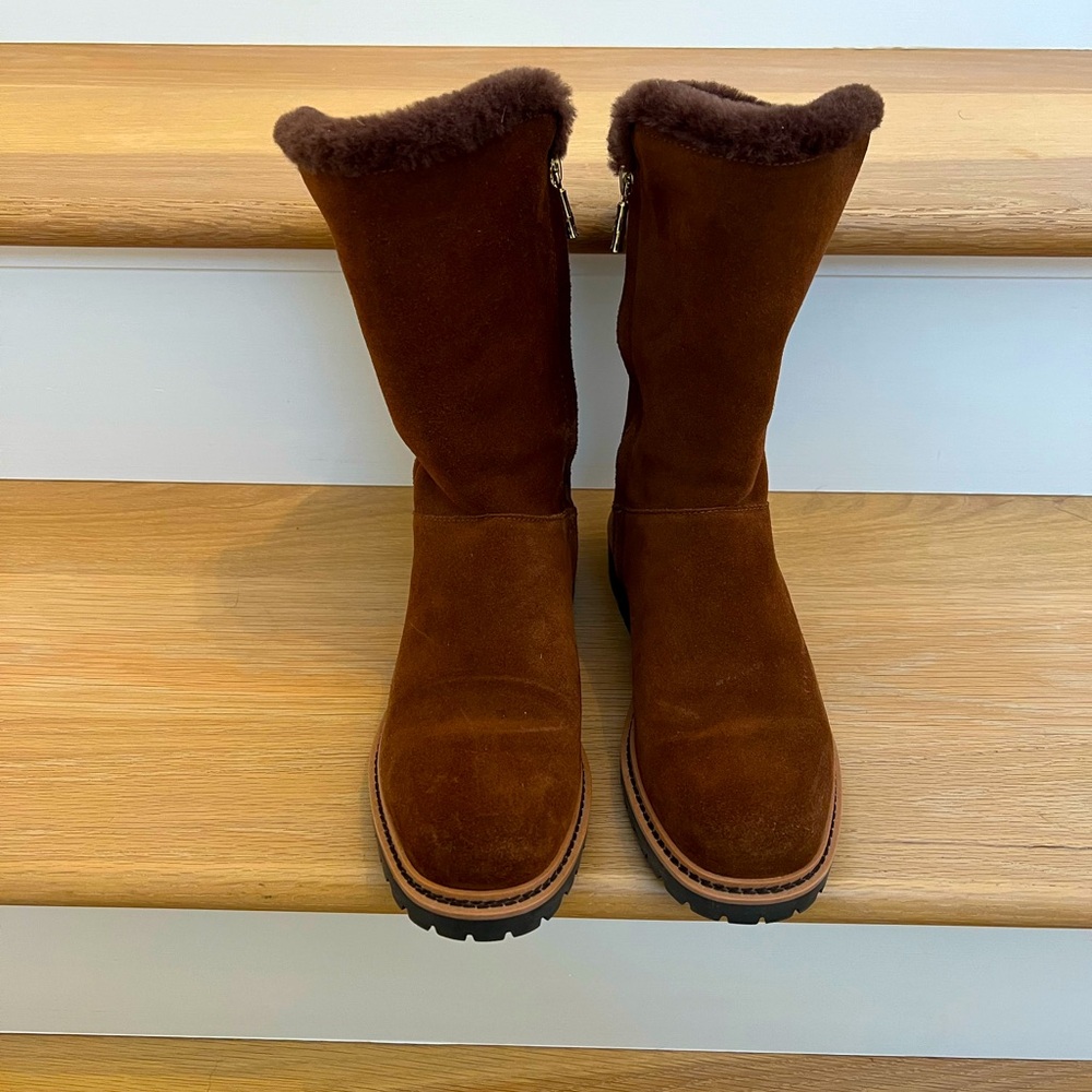 J McLaughlin Women’s Brown Suede Tanya Boots Size 7 Mid Calf With Fur Trim